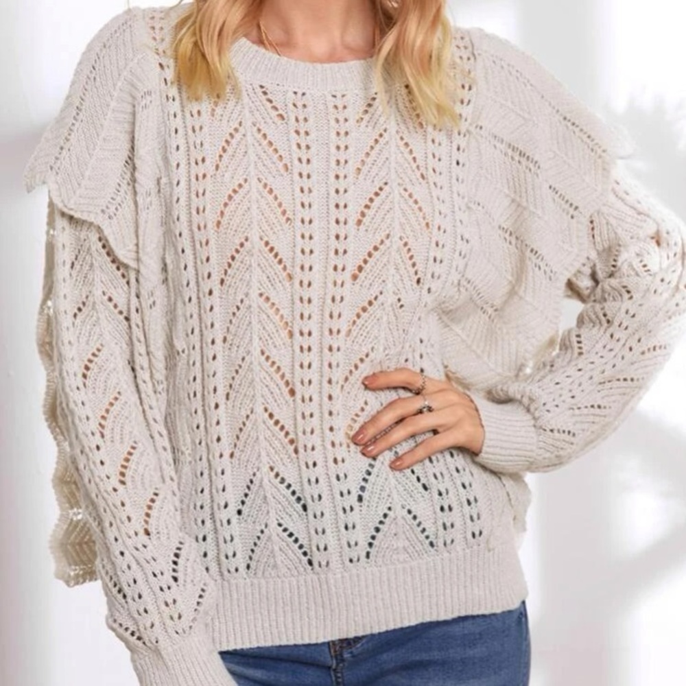Beige Knit Round Neck Trim Sweater in M